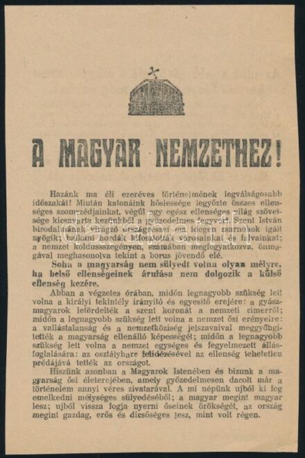 1920 A Magyar Királyság Pártjának . Royalista Párt röplapja