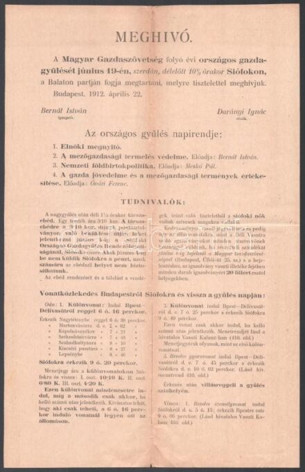 1912 Magyar Gazdaszövetség siófoki gyűlésének meghívói, programja és utalványa