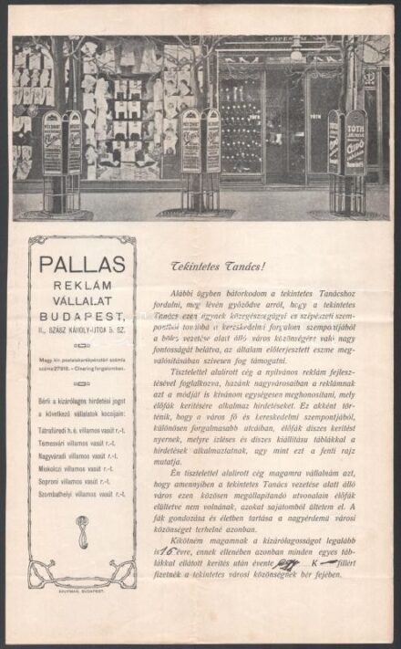 1913 Pallas reklám vállalat marketing levele fák köré való reklám táblákról