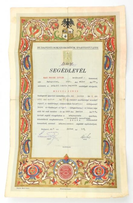 1935 Bp., Budapesti Sokszorosítók Ipartestülete által kiállított segédlevél illetékbélyeggel, hajtott