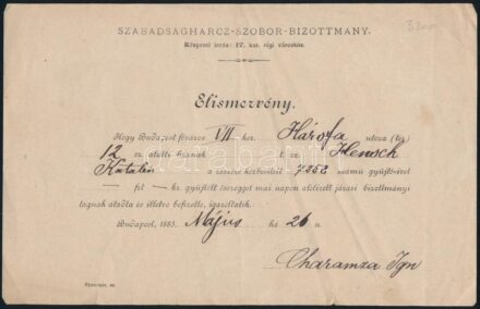 1883 Bp., Szabadságharc-szobor-bizottmány elismervénye Charamza Ignác aláírásával