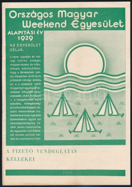 1929 Országos Magyar Weekend egyesület nyomtatvány a fizető vendéglátásról 16 p.