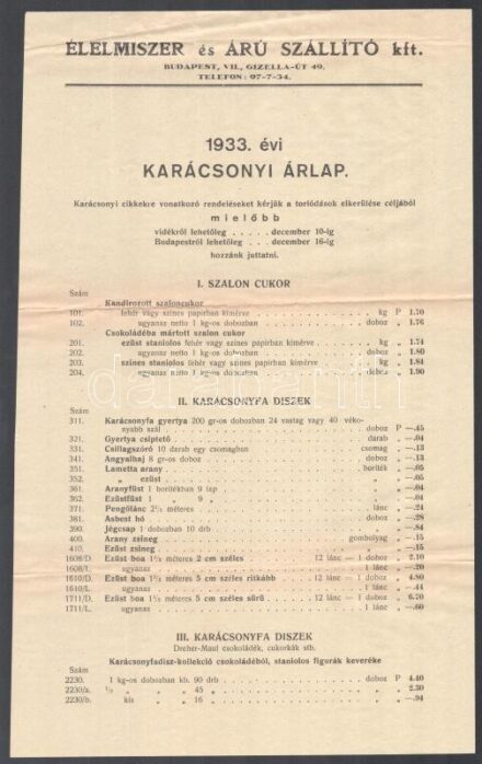 1933 Élelmiszer és aru szállító kft. Karácsonyi árlap 21x34 cm