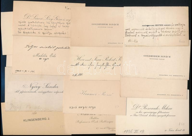 15 db vegyes névjegykártya (Kotányi Róbert, Goldziher Ignác, Nyiry Sándor, stb.)