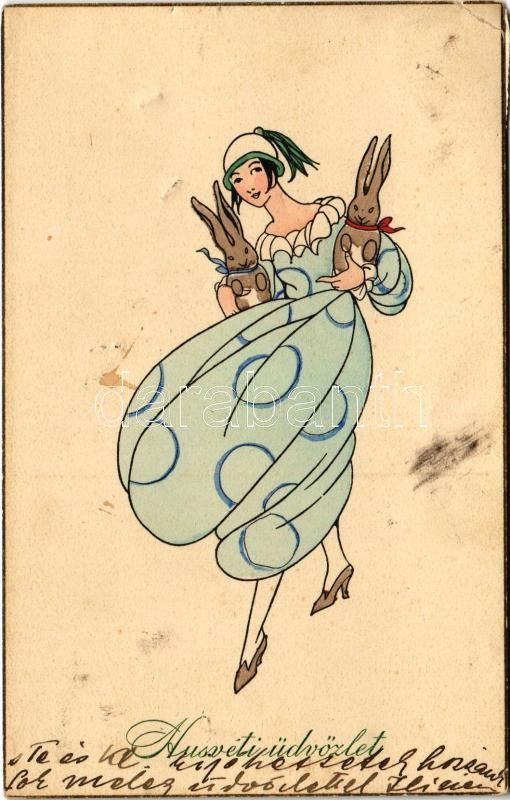 1927 Húsvéti üdvözlet / Easter greeting art postcard, lady with bunnies (b)