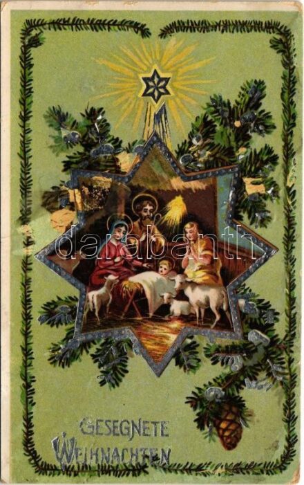 Gesegnete Weihnachten / Christmas greeting art postcard, Holy Family. litho (EK)