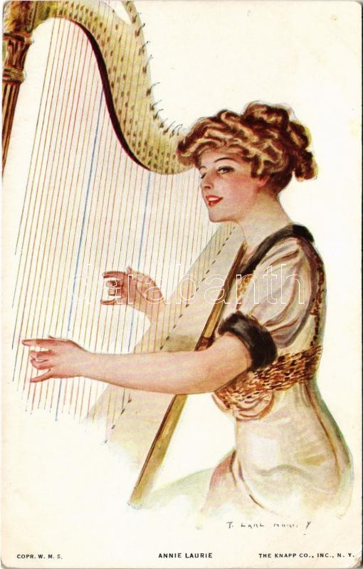 'Annie Laurie' Lady art postcard, harp. The Knapp Co. H. Import No. 304-1. s: T. Earl Christy (EK)