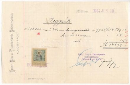 Kolozsvár 1904. 'Erdélyi Bank és Takarékpénztár Részvénytársaság' jegyzéke 10 Filléres illetékbélyeggel