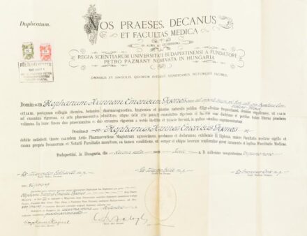 1946 Díszes diploma másolat, Kir. M. Pázmány Péter Tudományegyetem, Hajnal István (1892-1956) dékán és egy másik dékán olvashatatlan aláírásával, 10 és 15 Ft illetékbélyeggel, papírfelzettel, hajtásnyomokkal, apró