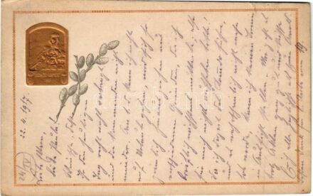 1915 Isonzo-Armee 1915 feliratú jelvény dombornyomott bronz képe tábori levelezőlapon / WWI Austro-Hungarian K.u.K. military badge on a field postcard, Emb. + 'K.u.K. Zensuriert' (EK)