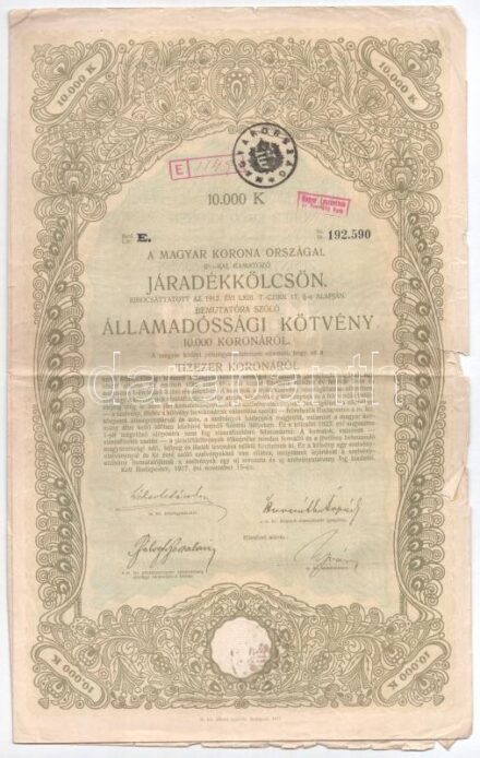 4db (3xklf) részvény/kötvény tétel, közte Budapest 1917. 'A magyar korona országai 6%-kal kamatozó Járadékkölcsön' államadóssági kötvénye 10.000K-ról, bélyegzővel, szárazpecséttel, szelvényekkel T:II-III
