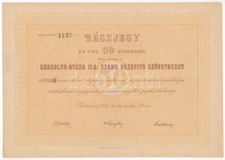 Budapest 1911. 'Kékgolyó-utcza 16. számú Házépítő Szövetkezet' részjegye 50K-ról T:II tűlyukak