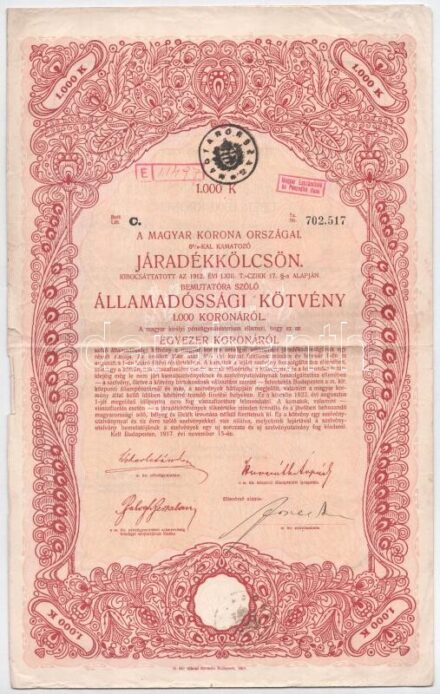 3xklf államadóssági kötvény, közte Budapest 1917. 'A magyar korona országai 6%-kal kamatozó Járadékkölcsön' államadóssági kötvénye 1000K-ról, bélyegzővel, szárazpecséttel, szelvényekkel T:III