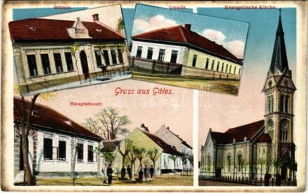 Gálos, Gols; Schule, Owoda, Evangelische Kirche, Hauptstrasse / Evangélikus népiskola, óvoda, Evangélikus templom, Fő utca. M. Wendelin kiadása / Lutheran school, kindergarten, Lutheran church, main street