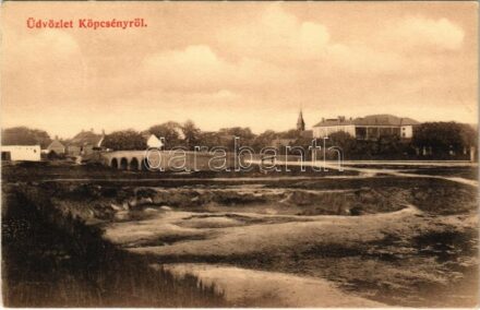Köpcsény, Kopcany, Kittsee; látkép, híd. Krausz Alajos fényképész kiadása / general view, bridge (EK)