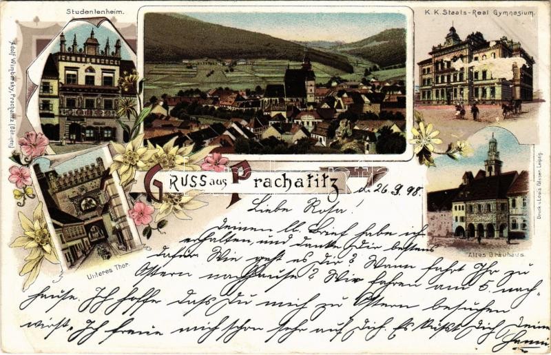 1898 (Vorläufer) Prachatice, Prachatitz; Studentenheim, Unteres Thor, Altes Brauhaus, K.k. Staats-Real Gymnasium / gate, old brewery, school. Adolf Wimbersky Art Nouvea, floral, litho (EK)