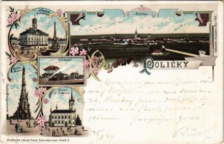 1897 (Vorläufer) Policka, Námestí a radnice, Nádrází, Socha P. Marie, Kostel sv. Jakuba / square, town hall, railway station, church, statue. Karl Schwidernoch Art Nouveau, floral, litho (tear)