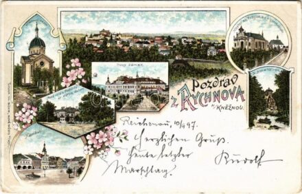 1897 (Vorläufer) Rychnov nad Kneznou, Novy zamek, Námestí, Hrbitovní kaple, Nova villa u Studánky se starym dubem, Sv. Ivan ve Vcelném, Kostel sv. Trojice a c.k. gymnasium / castle, square, school, statue. Th. Böhm Art Nouveau, floral, litho