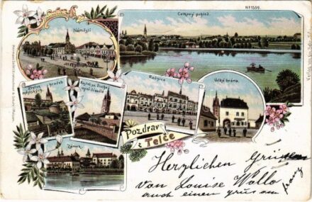 1898 (Vorläufer) Telc, Teltsch; Velká brána, Radnice, Námestí, Zámek, Kostel sv. Duchanyní Divadlo, Zbytek hradeb mestskych / gate, town hall, square, theatre, city walls. Art Nouveau, floral, litho (tear)