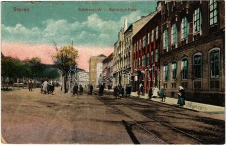 1916 Sopron, Széchenyi tér, villamossín, Fleischer József üzlete (EK)
