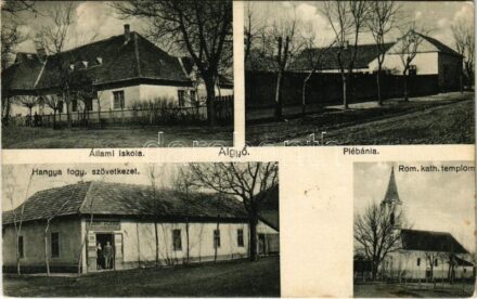 1938 Algyő (Szeged), Állami iskola, plébánia, római katolikus templom, Hangya fogyasztási szövetkezet üzlete és saját kiadása (Rb)