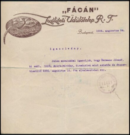 1926 Bp., 'Fácán' Zugligeti Üdülőtelep Rt. munkáltatói igazolás