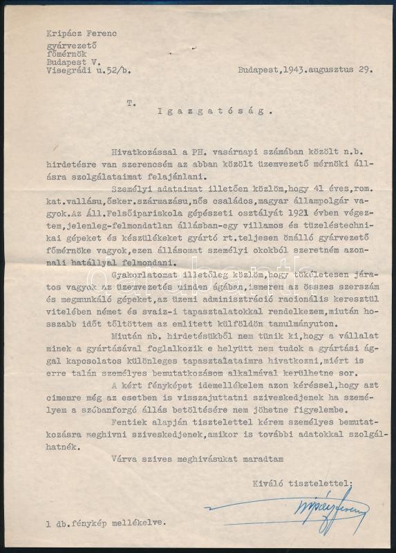 1943 Bp., Kripácz Ferenc gyárvezető főmérnök állásjelentkezése, aláírásával