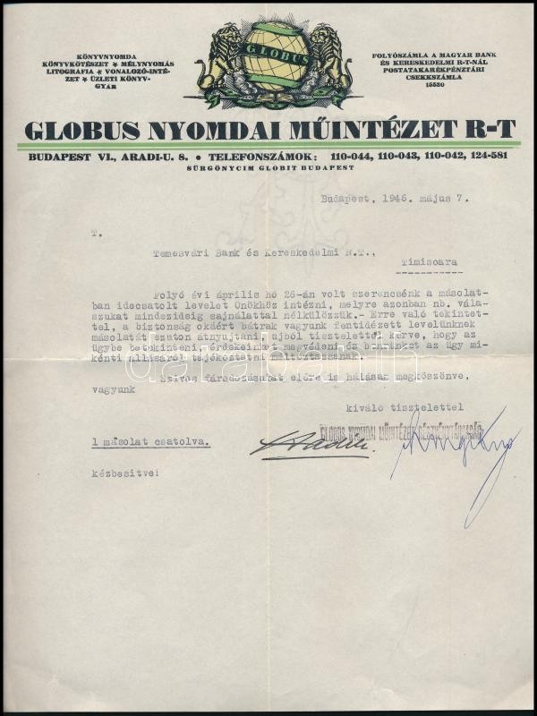 1946 Bp., Globus Nyomdai Műintézet fejléces levélpapírjára írt levél