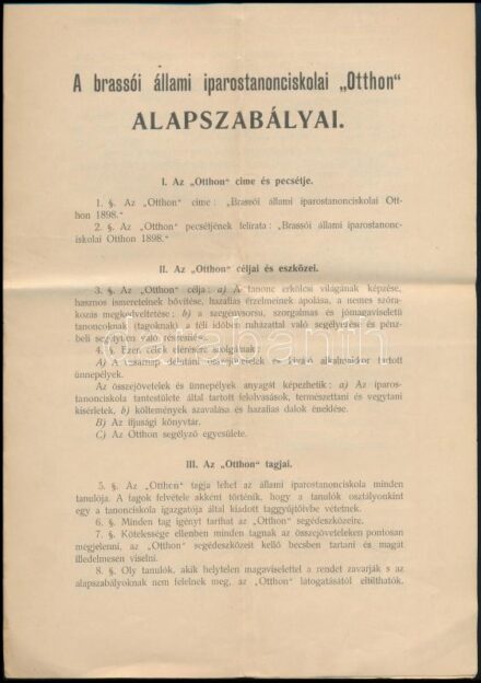 1900 Brassó, A brassói állami iparostanonciskola 'Otthon' alapszabályai, 3p