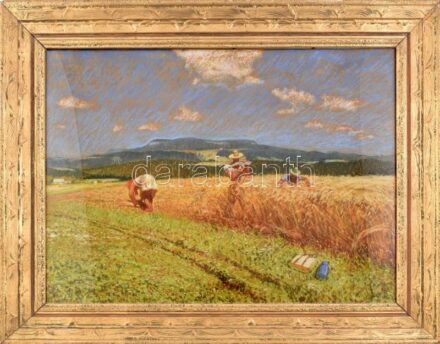 Olvashatatlan jelzéssel: Aratás. Pasztell, papír. Dekoratív, üvegezett, sérült fakeretben. 48x68 cm.