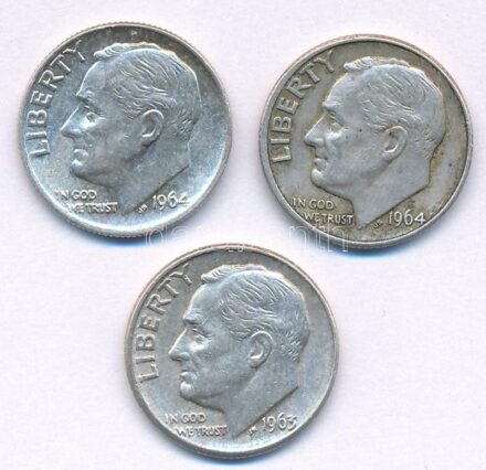 Amerikai Egyesült Államok 1963-1964. 1d Ag 'Roosevelt' (3xklf) T:1-,2 USA 1963-1964. Dime Ag 'Roosevelt' (3xdiff) C:AU,XF Krause KM#195