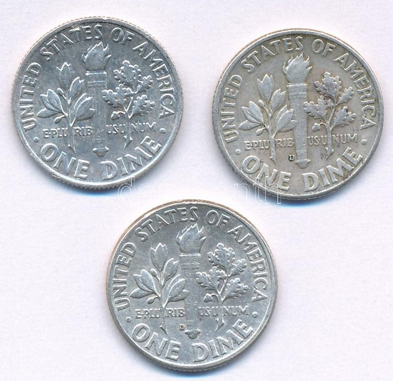 Amerikai Egyesült Államok 1963-1964. 1d Ag 'Roosevelt' (3xklf) T:1-,2 USA 1963-1964. Dime Ag 'Roosevelt' (3xdiff) C:AU,XF Krause KM#195 - Image 2