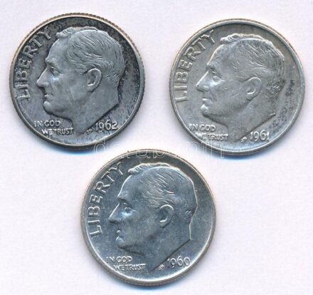 Amerikai Egyesült Államok 1960-1962. 1d Ag 'Roosevelt' (3xklf) T:1-,2 USA 1960-1962. Dime Ag 'Roosevelt' (3xdiff) C:AU,XF Krause KM#195