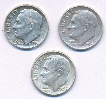 Amerikai Egyesült Államok 1954-1957. 1d Ag 'Roosevelt' (3xklf) T:2,2- USA 1954-1957. Dime Ag 'Roosevelt' (3xdiff) C:XF,VF Krause KM#195