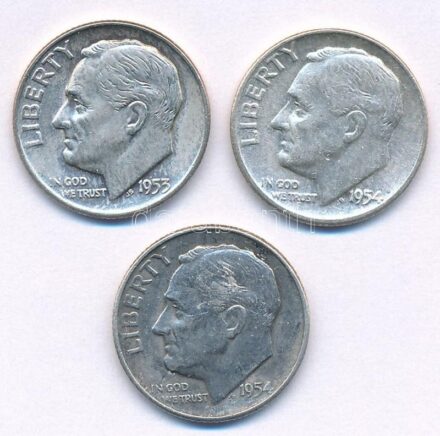 Amerikai Egyesült Államok 1953-1954. 1d Ag 'Roosevelt' (3xklf) T:2,2- USA 1953-1954. Dime Ag 'Roosevelt' (3xdiff) C:XF,VF Krause KM#195