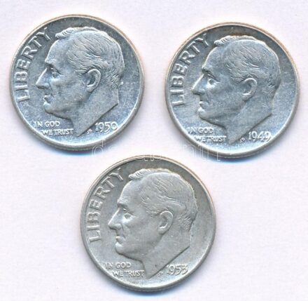 Amerikai Egyesült Államok 1949-1953. 1d Ag 'Roosevelt' (3xklf) T:2- USA 1949-1953. Dime Ag 'Roosevelt' (3xdiff) C:VF Krause KM#195