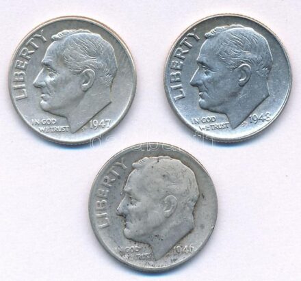 Amerikai Egyesült Államok 1946-1948. 1d Ag 'Roosevelt' (3xklf) T:2,2- USA 1946-1948. Dime Ag 'Roosevelt' (3xdiff) C:XF,VF Krause KM#195