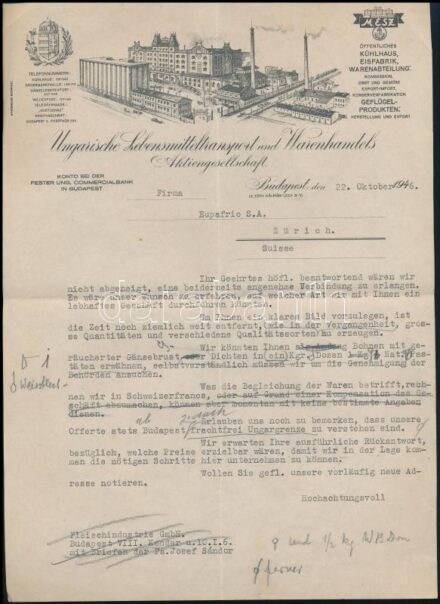 1946 Bp., Ungfarische Lebensmitteltransport und Warenhandels Aktiengesellschaft fejléces levélpapírjára írt levél, rajta a gyár látképével