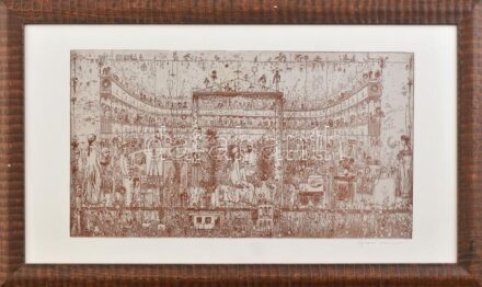 Gross Arnold (1929-2015): A művészet dicsérete. Ofszet, papír, jelzett. Üvegezett fakeretben. 21x39 cm