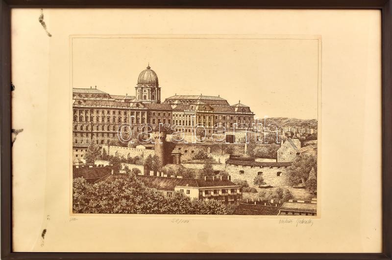 Molnár Gabriella (1940-): Vár. Rézkarc, papír, jelzett, számozott (58/100), lap széle foltos, üvegezett fakeretben, 30×39 cm