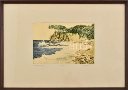 Kádár Katalin (1951-): Mediterrán táj. Színes rézkarc, papír, jelzett, számozott (26/100), üvegezett fakeretben, 20×29 cm