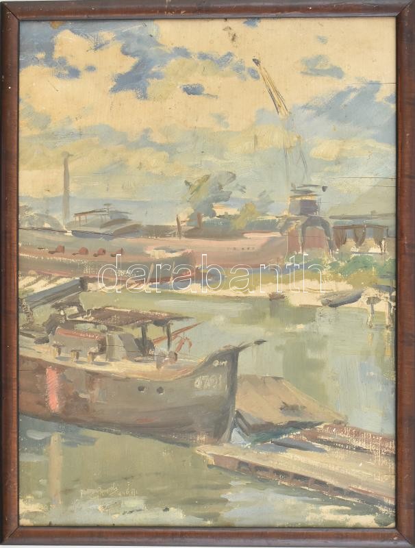 Olvashatatlan jelzéssel: Kikötő, 1946. Olaj, falemez, sérült. Fakeretben, 40×30 cm