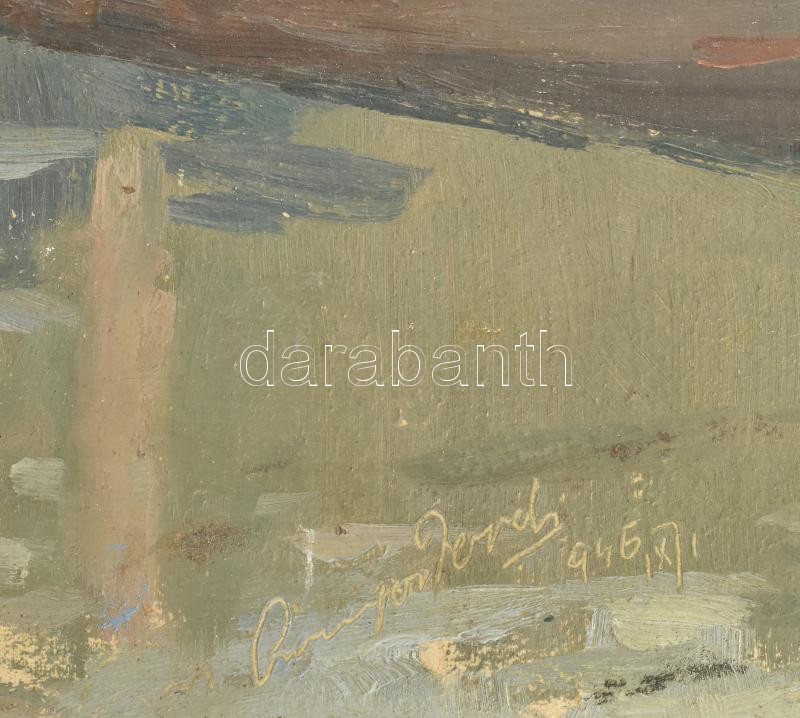 Olvashatatlan jelzéssel: Kikötő, 1946. Olaj, falemez, sérült. Fakeretben, 40×30 cm - Image 2
