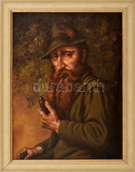 Olvashatatlan jelzéssel (jobbra lent): Pipázó férfi portréja. Olaj, farost. Dekoratív fakeretben. 40×30 cm