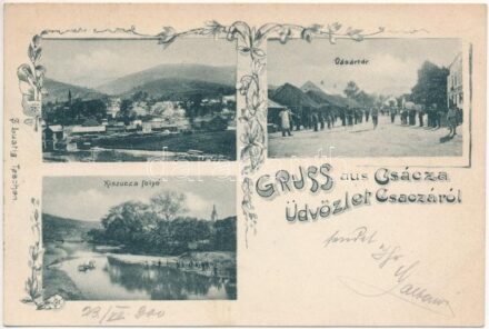 1900 Csaca, Csacza, Cadca, Caca; Vásártér, Kiszucza folyó, fűrészgyár iparvasúttal. S. Lustig / market square, Kysuca river, sawmill with industrial railway. Art Nouvveau, floral