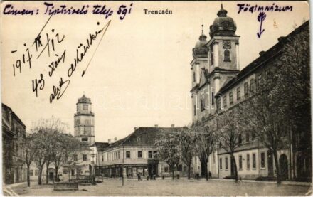 1917 Trencsén, Trencín; Fő tér, főgimnázium, üzletek / main square, school, shops (EK)