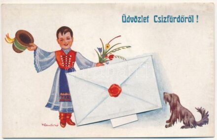 Csízfürdő, Kúpele Cíz; magyar népviseletes leporelló / Hungarian folklore leporellocard s: Klaudinyi