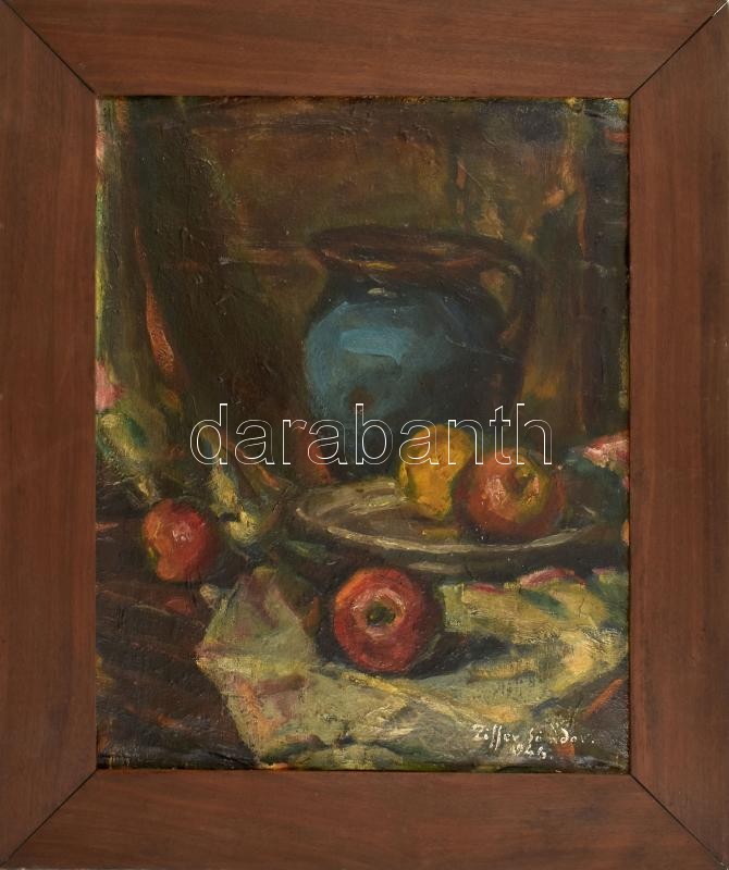 Ziffer Sándor jelzéssel: Csendélet. Olaj, karton. Dekoratív fakeretben, 49×39 cm