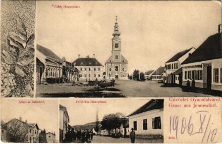 1906 Gyanafalva, Jennersdorf; Fő tér, vasútállomás, Felsőrész, utca, építkezés / Hauptplatz, Bahnhof, Obertheil / main square, street, railway station, construction. Art Nouveau, floral (EK)
