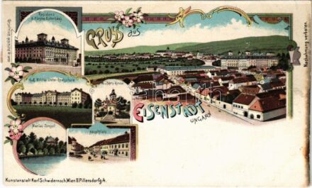 Kismarton, Eisenstadt; Residenz d. Fürsten Esterházy, Marien Tempel, Hauptplatz, Wallfahrts Kirche, K.u.k. Militär Unter Realschule. Karl Schwidernoch / kastély, hadapródiskola, templom, Fő tér / castle, military cadet school, church, main